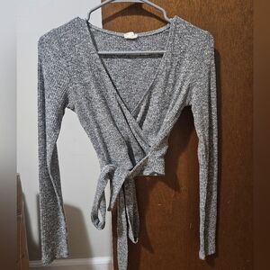 Cropped Heather Gray Wrap Knit Top From Garage Size Small With Tie